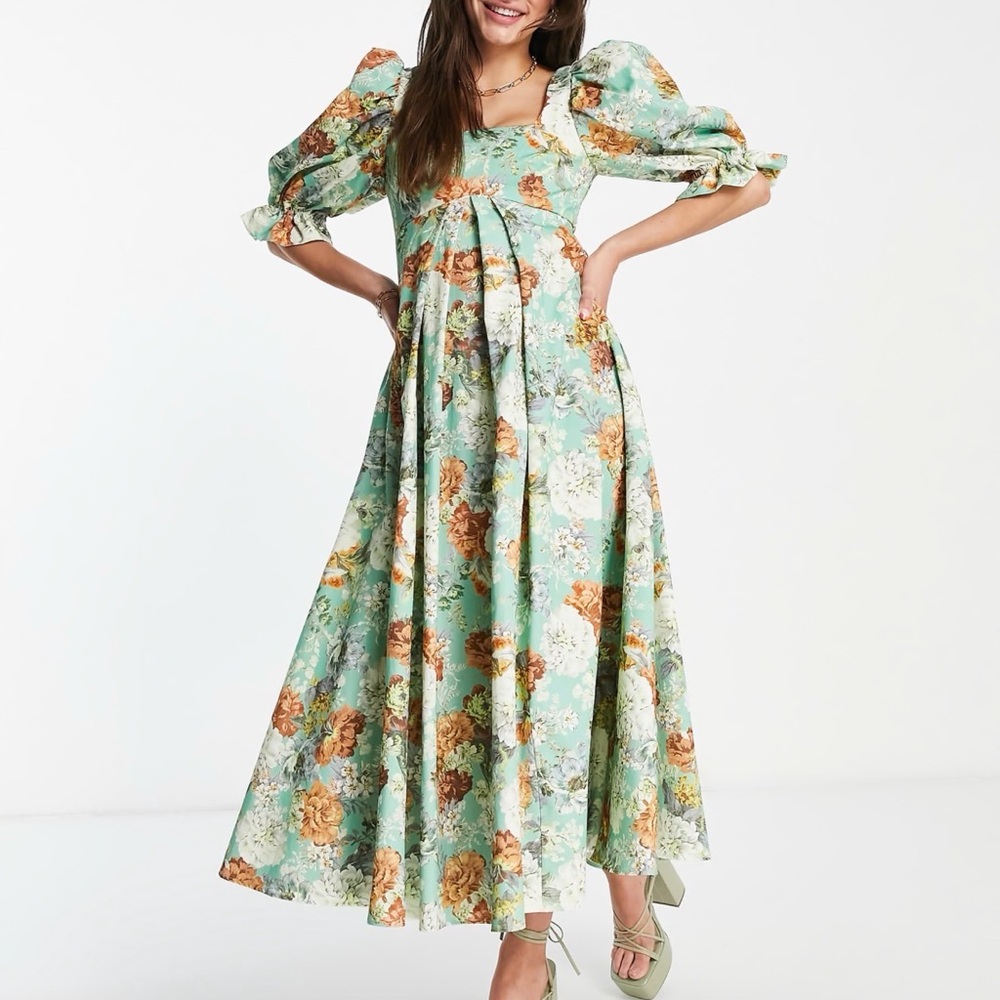 ASOS Edition Empire Midi Dress with Full Skirt in Green Floral